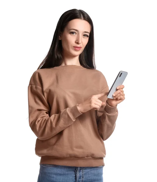 Beautiful Young Woman Phone White Background — Stock Photo, Image