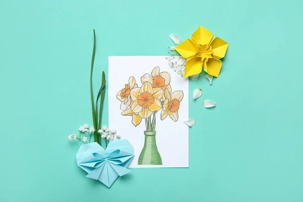 Origami Narcisse Fleurs Carte Voeux Sur Fond Couleur — Photo