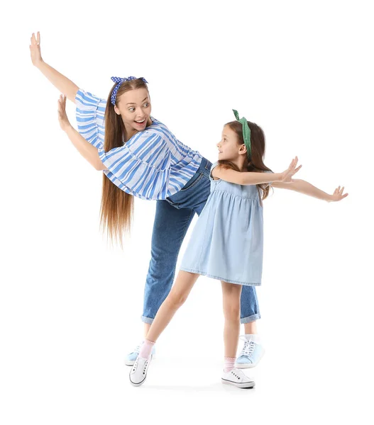 Dancing Young Woman Her Little Daughter White Background — Stock Photo, Image