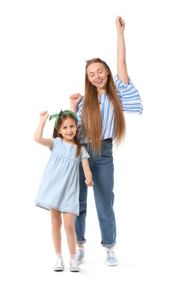 Dançando Jovem Mulher Sua Filhinha Fundo Branco — Fotografia de Stock