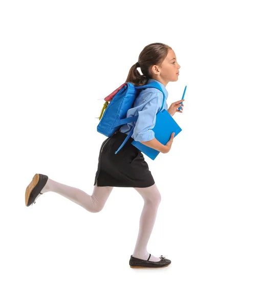 Correndo Pequena Estudante Fundo Branco — Fotografia de Stock