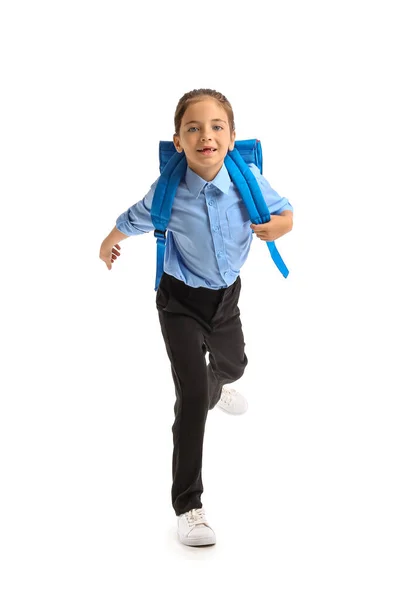 Running Little Schoolgirl White Background — Stock Photo, Image