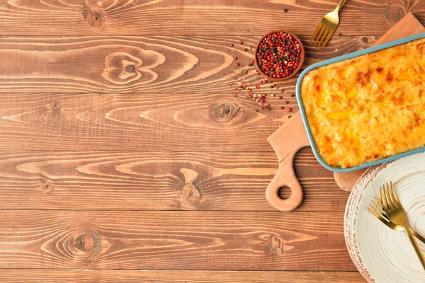 Casserole Mashed Potatoes Spices Wooden Background — Stock Photo, Image