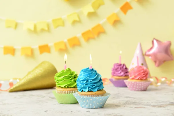 Tasty Birthday Cupcakes Burning Candles Table — Stock Photo, Image