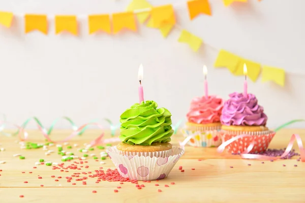 Tasty Birthday Cupcakes Burning Candles Wooden Table — Stock Photo, Image