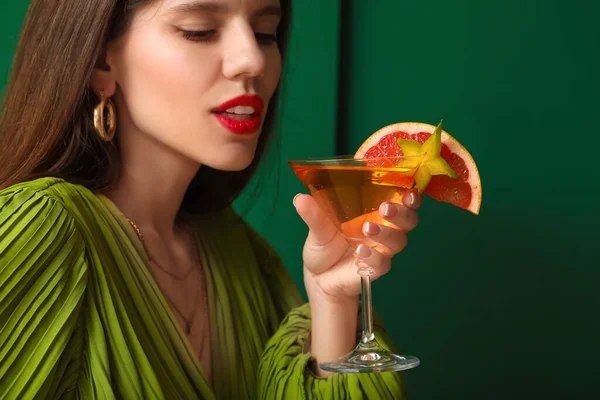 Beautiful Young Woman Cocktail Color Background — Stock Photo, Image