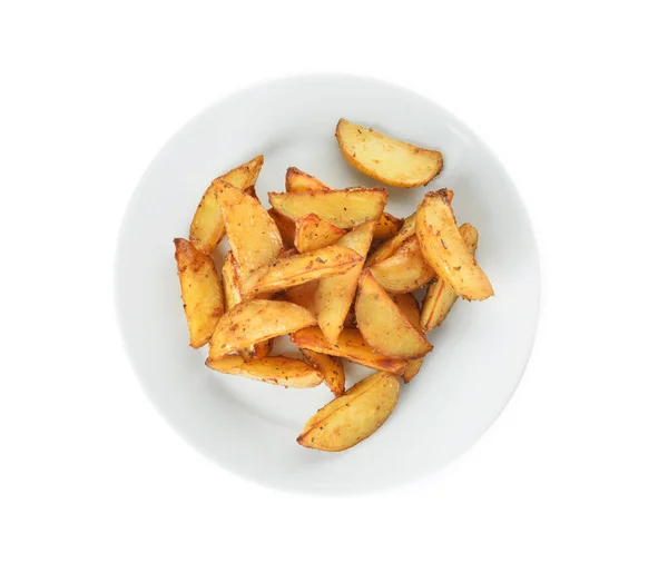 Assiette Avec Savoureuses Pommes Terre Cuites Four Sur Fond Blanc — Photo