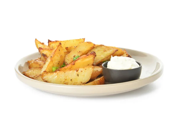 Assiette Avec Savoureuses Pommes Terre Cuites Four Sauce Sur Fond — Photo