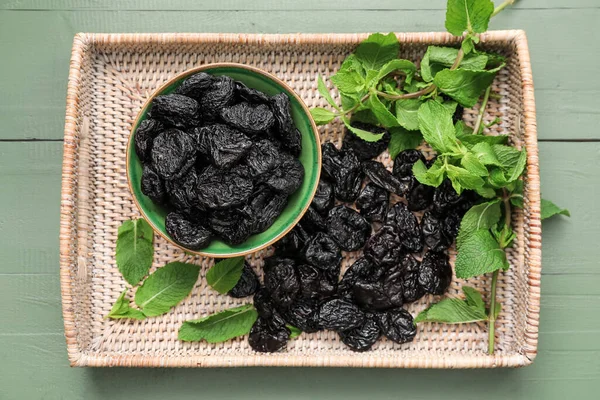 Bowl Tasty Prunes Color Wooden Background — Stock Photo, Image