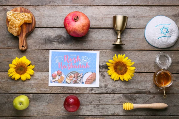 Üdvözlőlap Rosh Hashanah Zsidó Újév Szimbólumokkal Kipa Alapon — Stock Fotó