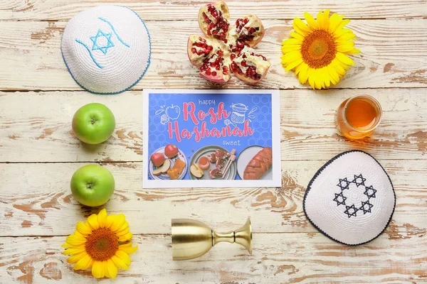 Tarjeta Felicitación Para Rosh Hashaná Año Nuevo Judío Con Símbolos — Foto de Stock