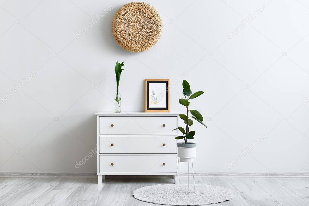 Modern chest of drawers with picture and houseplants near light wall