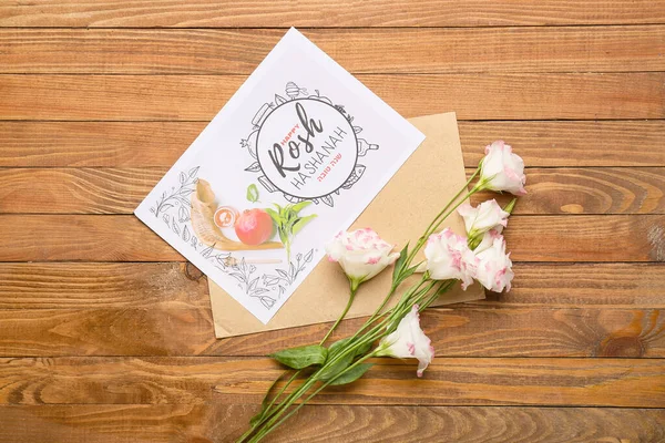 Greeting Card Rosh Hashanah Jewish New Year Flowers Envelope Wooden — Stock Photo, Image