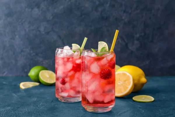 Glasses Delicious Raspberry Lemonade Color Background — Stock Photo, Image