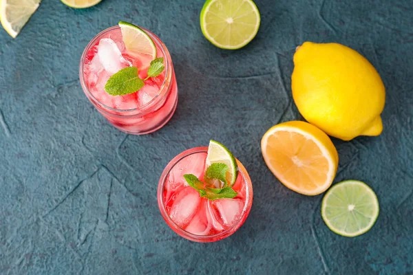 Glasses Delicious Raspberry Lemonade Color Background — Stock Photo, Image