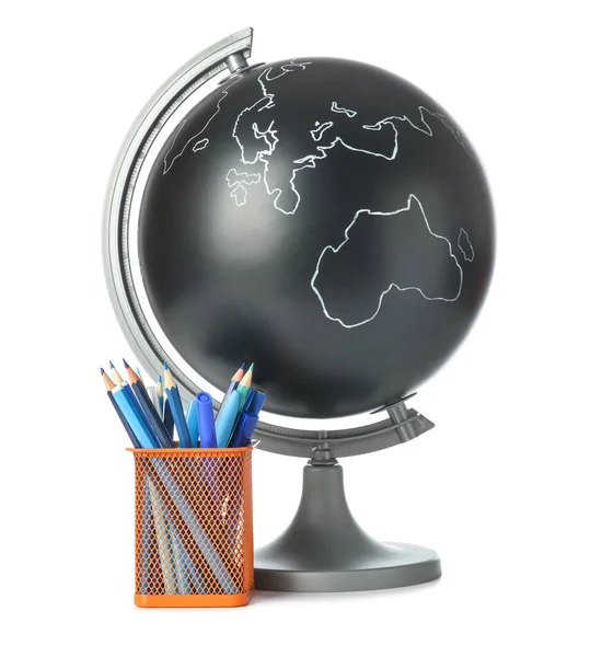 Holder Pencils Globe White Background — Stock Photo, Image