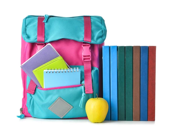 Sac Dos Scolaire Livres Pomme Sur Fond Blanc — Photo