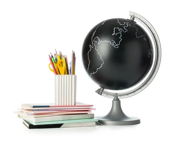 Globe Holder Pencils Stationery White Background — Stock Photo, Image