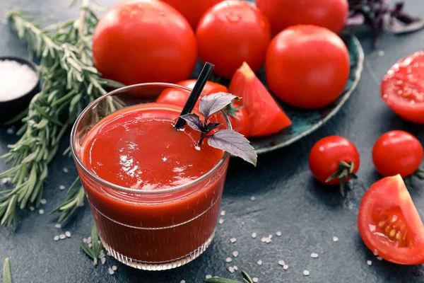 Glass Tasty Tomato Juice Dark Background — Stock Photo, Image