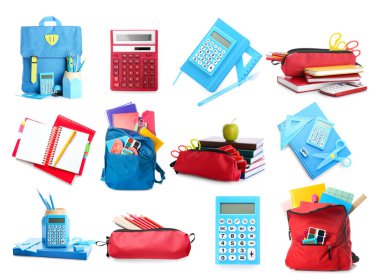 Beyaz arka planda okul malzemeleri seti