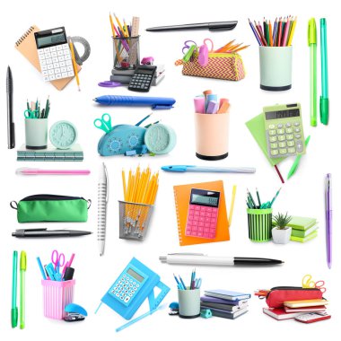Beyaz arka planda okul malzemeleri seti