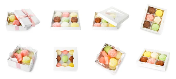 Mochi Japonais Savoureux Dans Des Boîtes Sur Fond Blanc — Photo