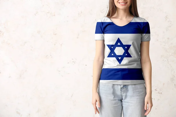 Young Woman Shirt Israeli Flag Light Background —  Fotos de Stock