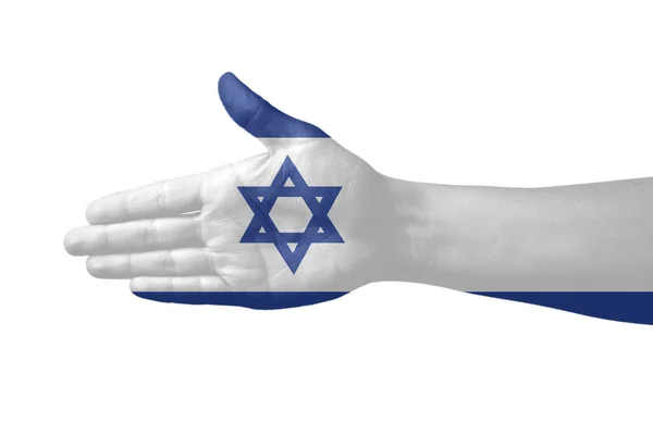 Ręka Kolorach Izraelskiej Flagi Białym Tle — Zdjęcie stockowe