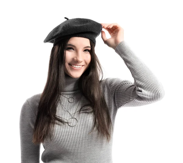 Beautiful Young Woman Stylish Hat White Background — Stock Photo, Image