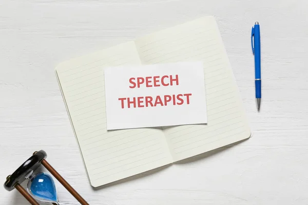 Notebook Text Speech Therapist Pen White Wooden Background — Stock Photo, Image