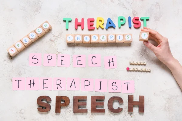 Female Hand Text Speech Therapist Grunge Background — Stock Photo, Image