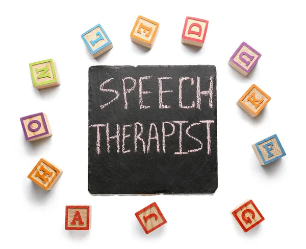 Board Text Speech Therapist Cubes White Background — Stock Photo, Image