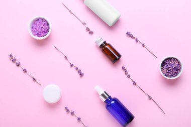 Renkli arka planda kozmetik ürünleri ve lavanta çiçekleriyle kompozisyon