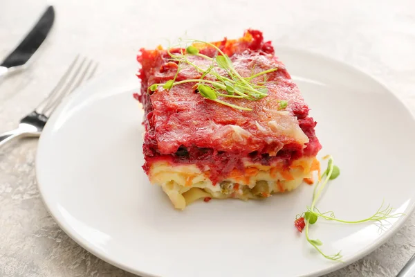 Plate Tasty Vegetable Lasagna Light Background Closeup — Stock Photo, Image