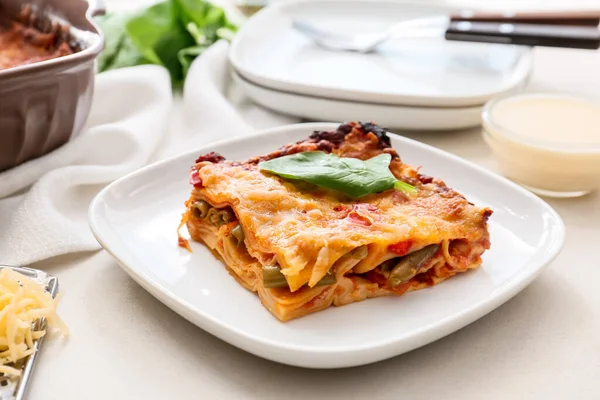 Plate Tasty Vegetable Lasagna Light Background Closeup — Stock Photo, Image