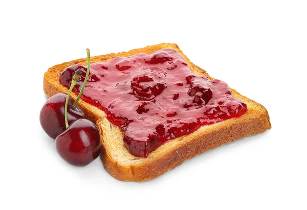 Toast Confiture Cerises Savoureuse Sur Fond Blanc — Photo