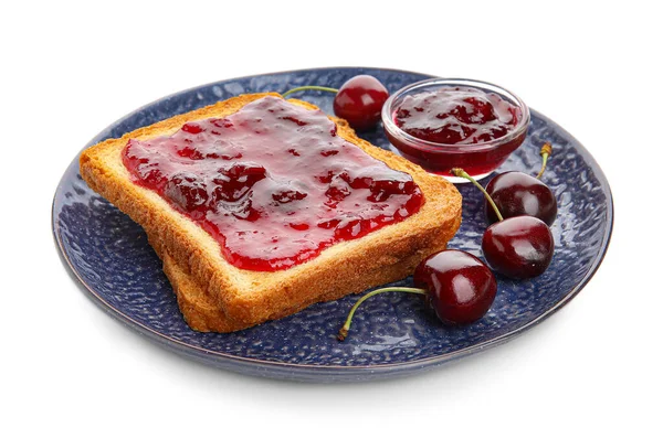 Cuenco Tostadas Con Mermelada Cereza Sobre Fondo Blanco —  Fotos de Stock