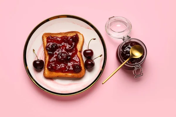 Jar Toast Cherry Jam Color Background — Stock Photo, Image