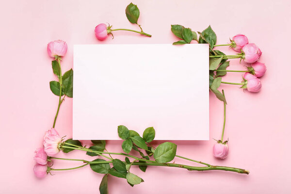 Blank card and beautiful peony roses on color background