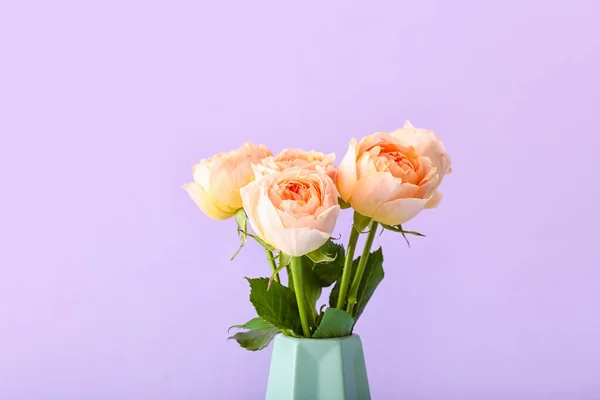 Vaso Con Belle Rose Peonia Sfondo Colore — Foto Stock