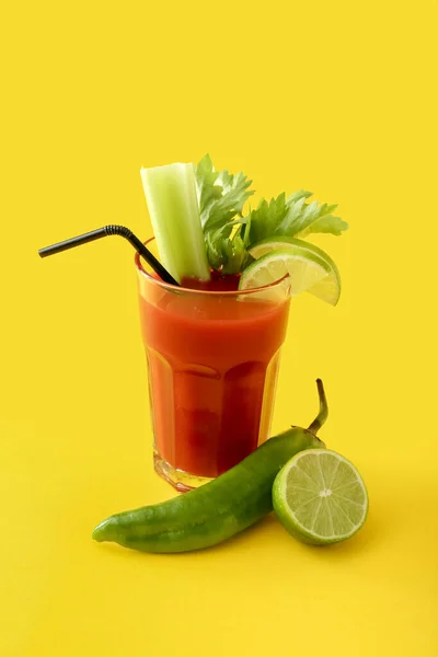 Glass Bloody Mary Cocktail Garnished Cilantro Green Chili Pepper Lime — Stock Photo, Image