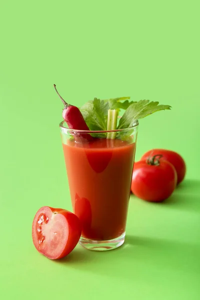 Glass Bloody Mary Cocktail Garnished Cilantro Red Chili Pepper Tomato — Stock Photo, Image