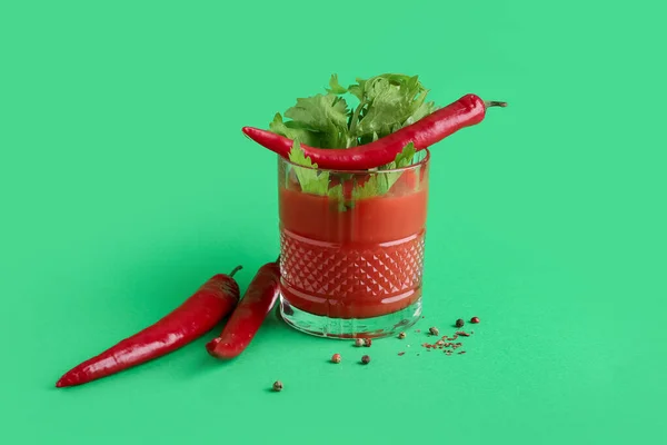 Glass Bloody Mary Cocktail Garnished Cilantro Red Chili Pepper Color — Stock Photo, Image