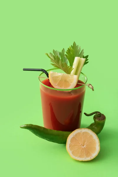 Glass Bloody Mary Cocktail Green Chili Pepper Lemon Color Background — Stock Photo, Image