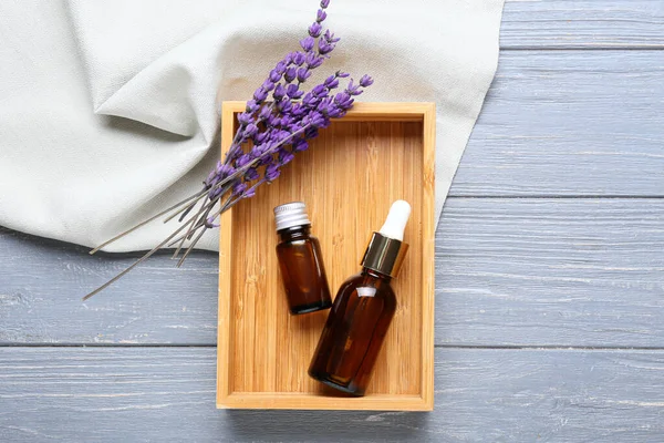 Box Bottles Lavender Essential Oil Flowers Grey Wooden Background — Stock Photo, Image