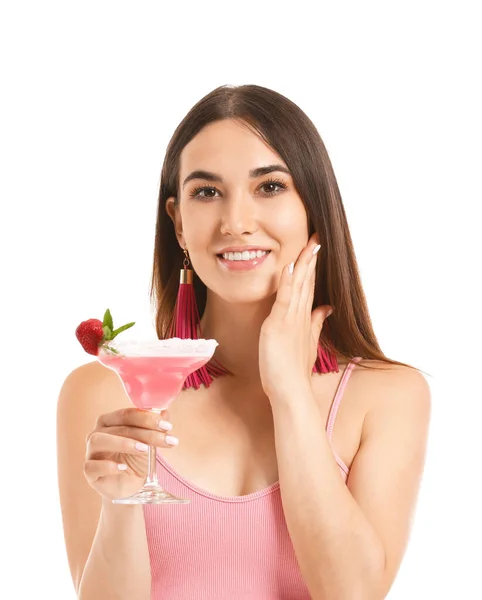 Belle Jeune Femme Avec Cocktail Sur Fond Blanc — Photo