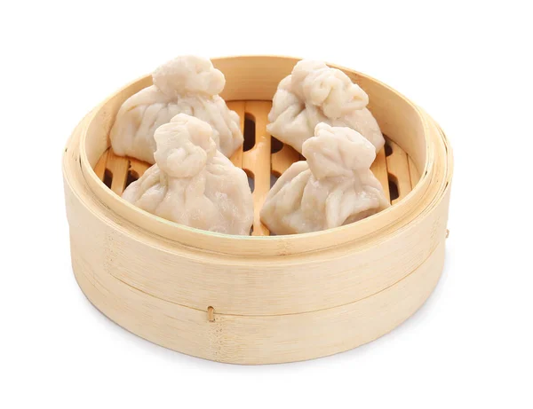 Bamboo Steamer Tasty Dumplings White Background — Stock Photo, Image