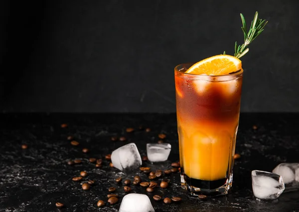 Glass Tasty Coffee Orange Juice Dark Background — Stock Photo, Image