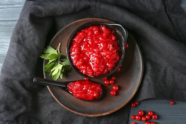 Composition Tasty Red Currant Jam Dark Wooden Background — Stock Photo, Image