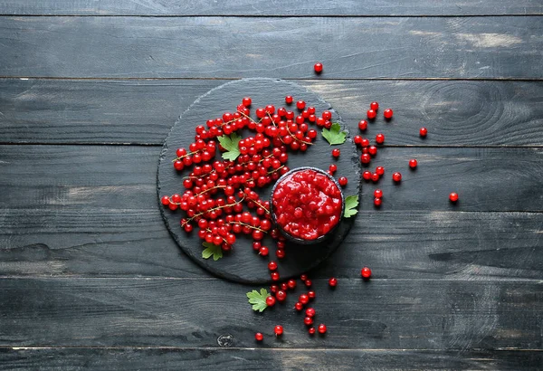 Composition Tasty Red Currant Jam Berries Dark Wooden Background — Stock Photo, Image